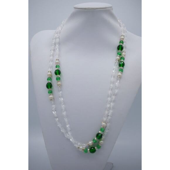 Vintage 54" Crystal Beaded Necklace Sparkling Green Pearl 54" NOS 1980s Bin3 - Picture 6 of 12
